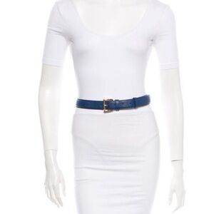 Prada Navy Leather Belt with Gold Buckle